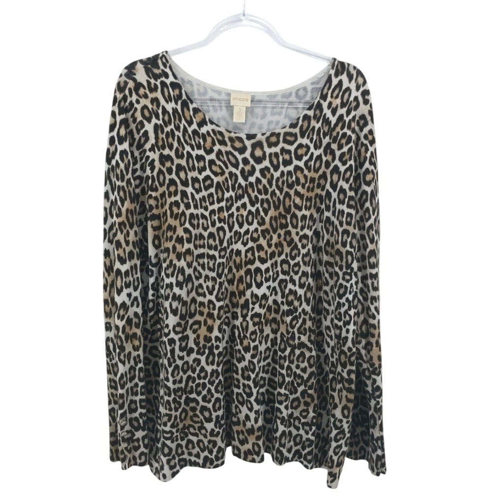 Chicos Long Sleeve Leopard Print Scoop Neck Pullover Top Womens XL